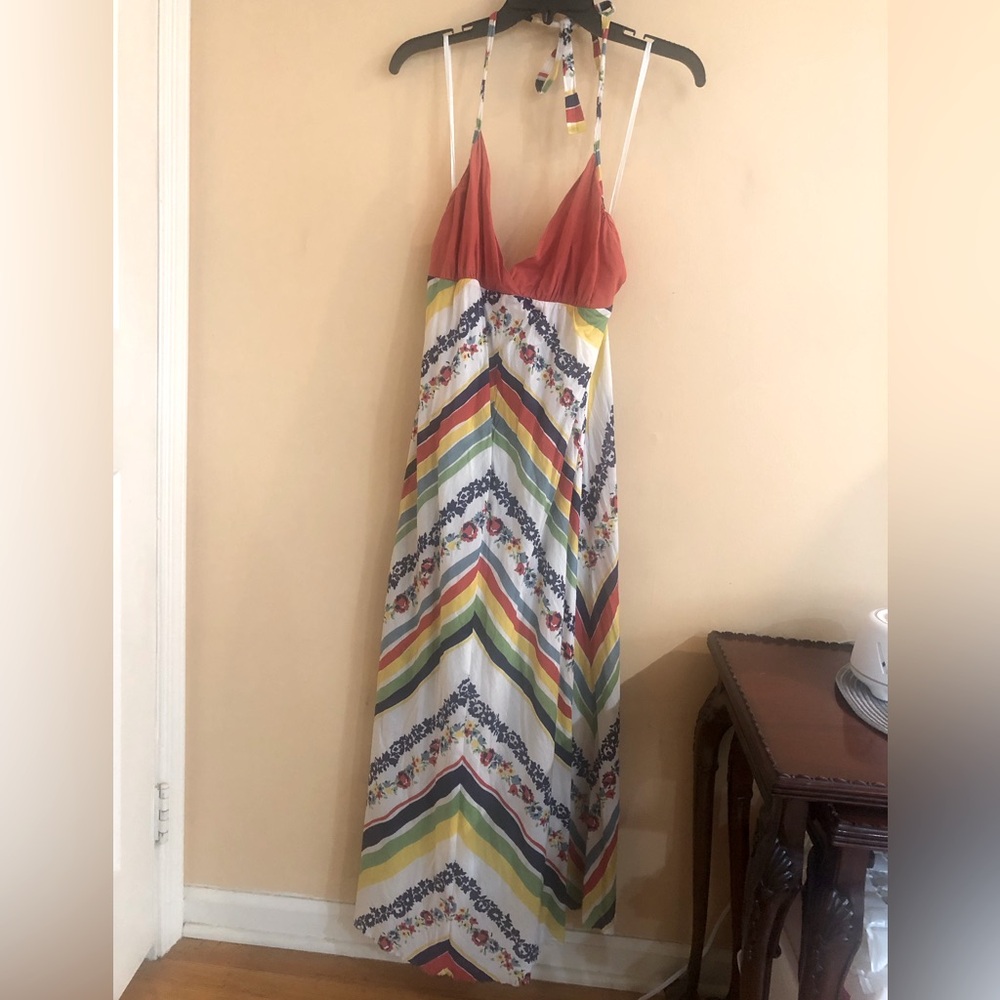Velvet Maxi halter dress with zipper closure and boho inspired pattern. Size 4.